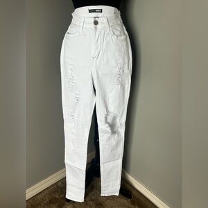 Fashion Nova High-Waist White Distressed Stretch Jean